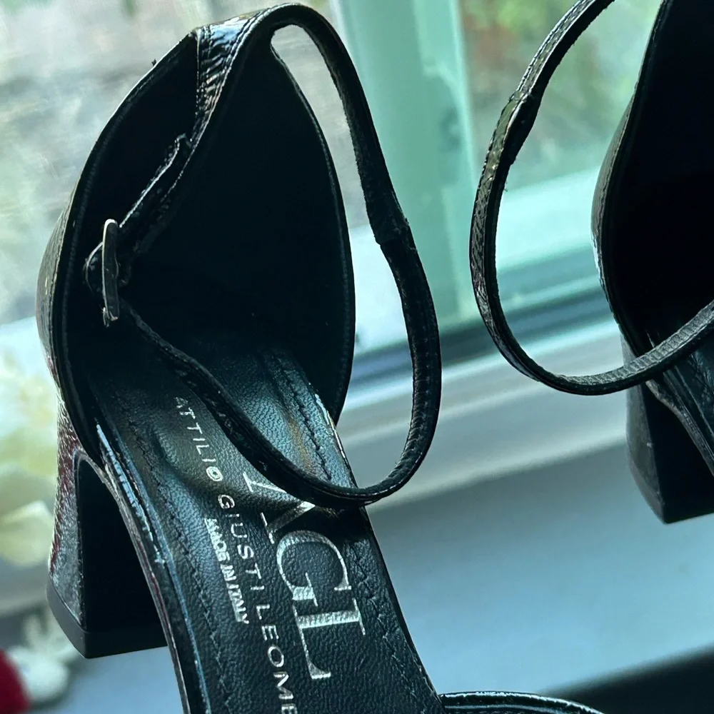 AGL Patent Black Ankle Strap Heels